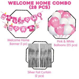 Baby Girl Welcome Home Decoration Kit Banner with Balloons and Foil Curtain (Pack Of 28)