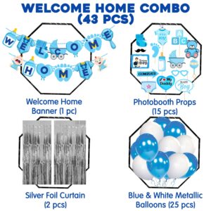 Baby Boy Welcome Home Decoration Kit Banner with Photo Booth Props ,Foil Curtain and Balloons for Baby Shower Pack of 43