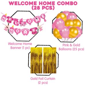 Baby Girl Welcome Home Decoration Kit Banner with Balloons and Foil Curtain for Baby Shower Pack of 28