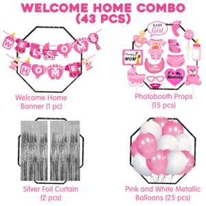 Baby Girl Welcome Home Decoration Kit Banner with Photo Booth Props ,Foil Curtain and Balloons for Baby Shower Pack o 43