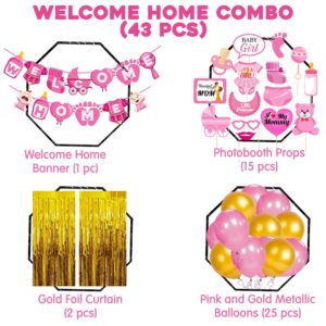 Baby Girl Welcome Home Decoration Kit Banner with Photo Booth Props ,Foil Curtain and Balloons for Baby Shower  Pack of 43
