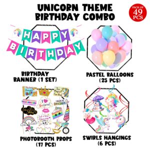 Unicorn Birthday Decorations for Girls Unicorn Party Supplies Kit Included -Photo Booth Props, Banner , Swirls & Pastel Balloons  Pack of  49