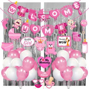 Baby Girl Welcome Home Decoration Kit Banner with Photo Booth Props ,Foil Curtain and Balloons for Baby Shower Pack o 43