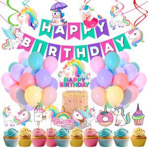 Unicorn Birthday Decorations for Girls  Unicorn Party Supplies Kit Included -Cake Topper, Banner ,Cup Cake Topper, Swirls & Pastel Balloons Pack of 43