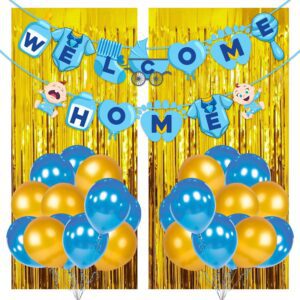 Baby Boy Welcome Home Decoration Kit Banner with Balloons and Foil Curtain for Baby Shower Pack of 28