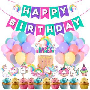 Unicorn Birthday Decorations for Girls  Unicorn Party Supplies Kit included -Cake Topper, Banner ,Cup Cake Topper & Pastel Balloons Pack of 37
