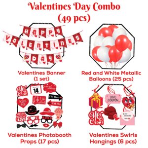 Happy Valentine’s Day Decoration Combo, Valentine’s Day Banner,Photo Booth, Swirls and Balloon for Valentine’s Day Party Decorations, Pack of 49