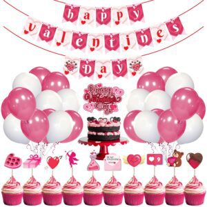 Happy Valentine’s Day Decoration Combo, Valentine’s Day Banner,Cake Topper, Cup Cake Topper and Balloon for Valentine’s Day Party Decorations,  Pack of 37