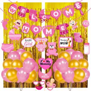 Baby Girl Welcome Home Decoration Kit Banner with Photo Booth Props ,Foil Curtain and Balloons for Baby Shower  Pack of 43