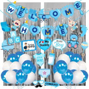 Baby Boy Welcome Home Decoration Kit Banner with Photo Booth Props ,Foil Curtain and Balloons for Baby Shower Pack of 43