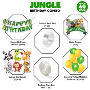 Jungle Theme Balloon arc decoration,Jungle Birthday for Boys with Happy Birthday Banner Cardstock Cake Toppers Balloons Birthday Decoration Kit (Pack of 60)