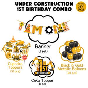 Under Construction 1st Birthday Theme for Boys with Banner,Cake & Cupcake Toppers,Balloons (Pack of 37)