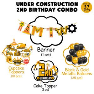 Under Construction Birthday Theme for Boys with Banner,Cake & Cupcake Toppers,Balloons (Pack of 37)