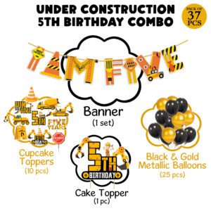 Under Construction Theme Decoration for Boys Banner,Cake & Cupcake Toppers,Balloons Combo(Pack of 37)