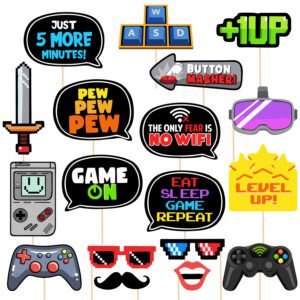 Game Zone – Pixel Video Game Party or Birthday Party Photo Booth Props Kit – 18 Count