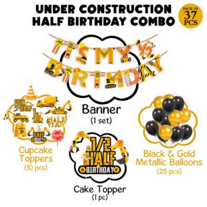 Under Construction Half Birthday Decorations for Boys Banner,Cake & Cupcake Toppers,Balloons Combo(Pack of 37)