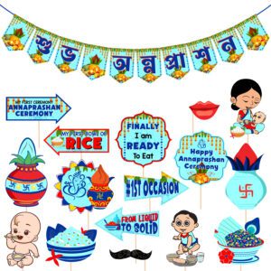 Blue 16 Pcs Rice Ceremony Photo Booth Props with 1 Set Banner (Pack of 17)