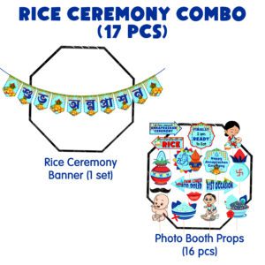 Blue 16 Pcs Rice Ceremony Photo Booth Props with 1 Set Banner (Pack of 17)