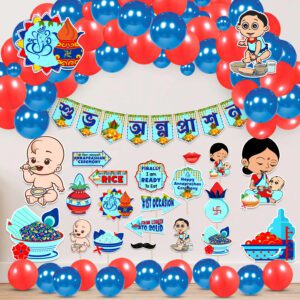 Blue Annaprasanam Cardstock Cutout with Banner and Balloon,Photo Booth Props Combo(Pack of 65)
