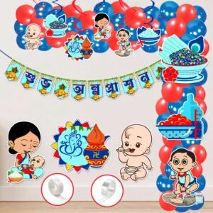Blue & Red Annaprasanam Swirls Hanging with Banner and Balloon,Cardstock Cutout Combo (Pack of 65)