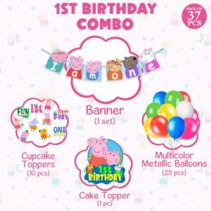 Peppa Pig 1st Birthday Party Decorations – Banner, Pepaa Pig Cake Topper, Multicolor Balloons, Cupcake Toppers,  (Pack of 37)