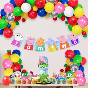 Peppa Pig 2nd Birthday Party Decorations- Banner,Pepaa Pig Cake Topper, Multicolor Balloons, Cupcake Toppers (Pack of 37)