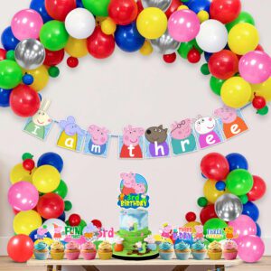 Peppa Pig 3rd Birthday Party Decorations – Banner, Pepaa Pig Cake Topper, Multicolor Balloons, Cupcake Toppers  (Pack of 37)