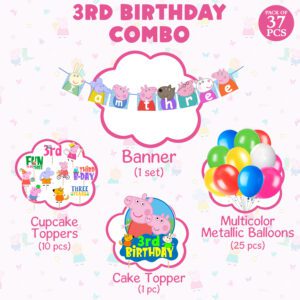 Peppa Pig 3rd Birthday Party Decorations – Banner, Pepaa Pig Cake Topper, Multicolor Balloons, Cupcake Toppers  (Pack of 37)