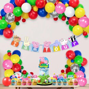 Peppa Pig 4th Birthday Party Decorations – Banner, Pepaa Pig Cake Topper, Multicolor Balloons, Cupcake Toppers (Pack of 37)