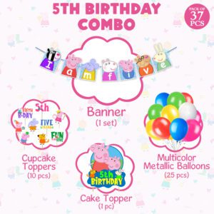 Peppa Pig 5th Birthday Party Decorations – Banner, Pepaa Pig Cake Topper, Multicolor Balloons, Cupcake Toppers (Pack of 37)