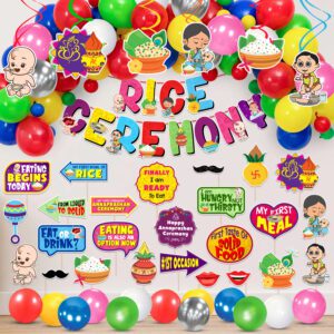 Annaprasanam Swirls Hanging with Banner, Balloon,Photo Booth Props,Rice Ceremony Decorations Items (Pack of 59)