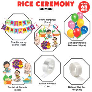 Annaprasanam Swirls Hanging with Banner, Balloon,Cardstock Cutout,Rice Ceremony Decorations Items (Pack of 65)