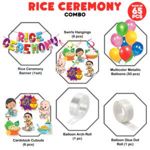 Annaprasanam Swirls Hanging with Banner, Balloon & Cardstock Cutout,Rice Ceremony Decorations Items (Pack of 65)