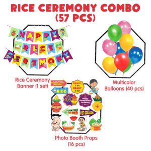 Rice Ceremony Banner With Photo Booth Props and Balloon, Annaprashan Decoration Items ( Pack Of 57 )