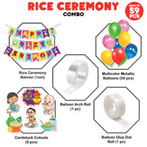 Annaprasanam Decorations Items- Banner with Cardstock Cutout , Balloon, Glue Dot & Arch (Pack of 59)