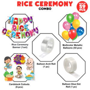 Rice Ceremony Decorations Items With Cardstock Cutout , Banner, Balloons And Glue Dot  (Pack of 59)