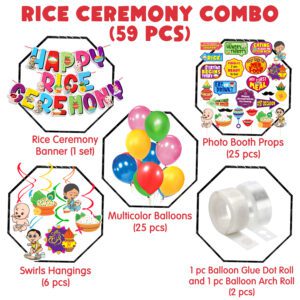 Rice Ceremony Decorations Items- Banner, Balloon, Photo Booth Props & Swirls Hanging (Pack of 59)
