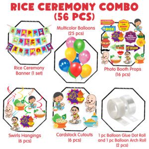 Rice Ceremony Decorations Items Swirls Hanging with Cardstock Cutout, Balloon,Photo Booth Props (Pack of 56)