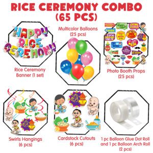 Rice Ceremony Banner, Swirls Hanging with Cardstock Cutout, Balloon & Photo Booth Props (Pack of 65)