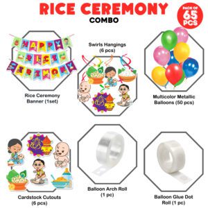 Rice Ceremony Decorations Items Banner, Balloon, Cardstock Cutout With Swirls Hanging (Pack of 65)