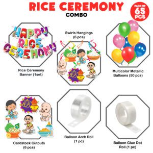 Rice Ceremony Decorations Items Swirls Hanging with Banner & Balloon,Cardstock Cutout (Pack of 65)