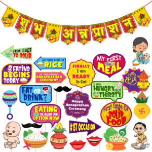 Annaprashan Decoration Items Included Photo Booth Props with Annaprasanam Bunting Banner (Pack of 26)