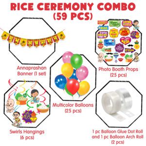 Rice Ceremony Decorations Items – Swirls Hanging with Bunting Banner, Balloon and Photo Booth Props (Pack of 59)