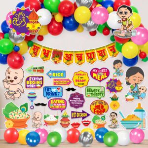 Annaprasanam Cardstock Cutout with Bunting Banner Hindi Font , Balloon,Photo Booth Props (Pack of 74)