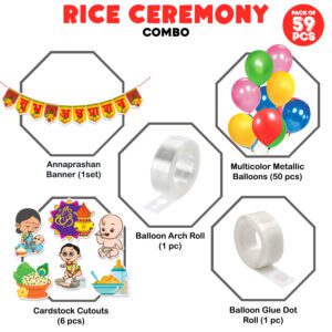 Annaprasanam Cardstock Cutout with Banner Hindi Font , Balloon,Glue Dot and Arc (Pack of 59)
