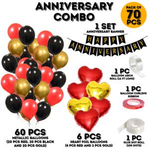 Anniversary Decorations Kit – Banner, Foil Balloon, Gold Red Balloons, Ribbon & Glue Dot   (Pack of 70)