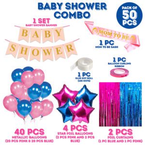 Baby Shower Decorations Combo – Banner, Balloons, Star Foil Balloons, Foil Curtain ,Mom To Be Sash   (Pack of 50)