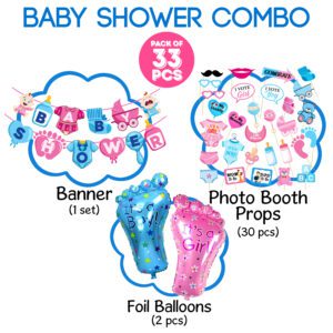 Baby Shower Party Supplies – Letter Banner, Photo Booth Props And Foil Balloons  (Pack of 33)