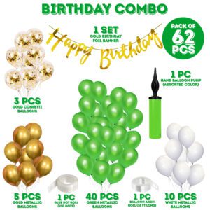 Birthday Decorations – Banner, Green, White & Gold Balloons with Gold Confetti Balloons  (Pack of 62)