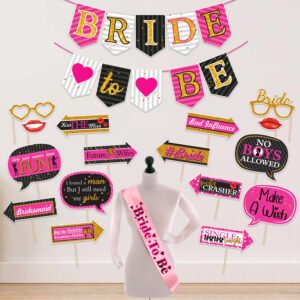 Bridal Shower & Engagement Party Decor, Bride to Be Banner, Sash and Photo Booth Props  (Set of 18)
